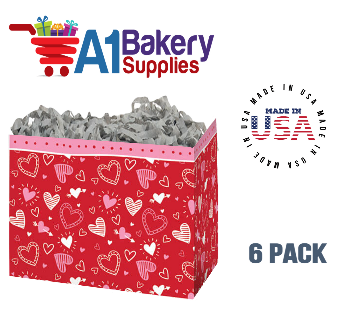 Happy Hearts Basket Box, Theme Gift Box, Large 10.25 (Length) x 6 (Width) x 7.5 (Height), 6 Pack