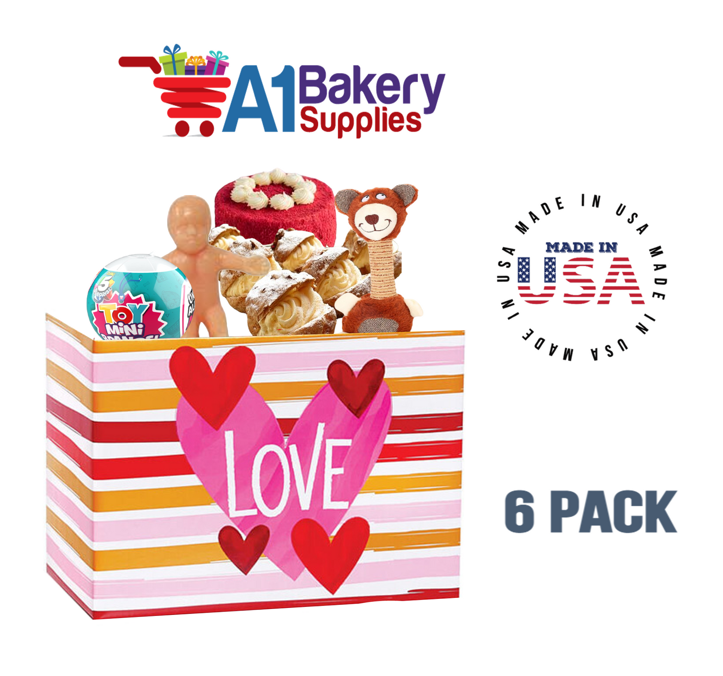 Hello Love Basket Box, Theme Gift Box, Large 10.25 (Length) x 6 (Width) x 7.5 (Height), 6 Pack