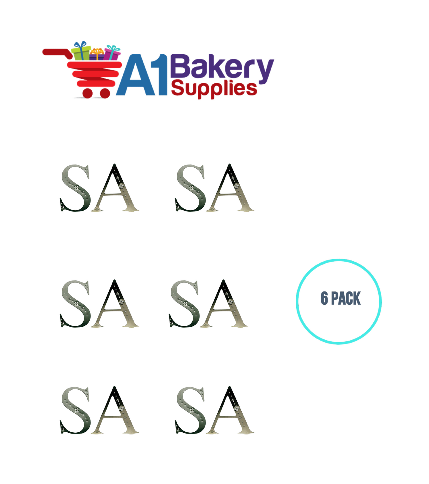 A1BakerySupplies Monogram - Silver Jeweled "P" (4") 6 pack Wedding Accessories for Birthday Cake Decorations and Marriages