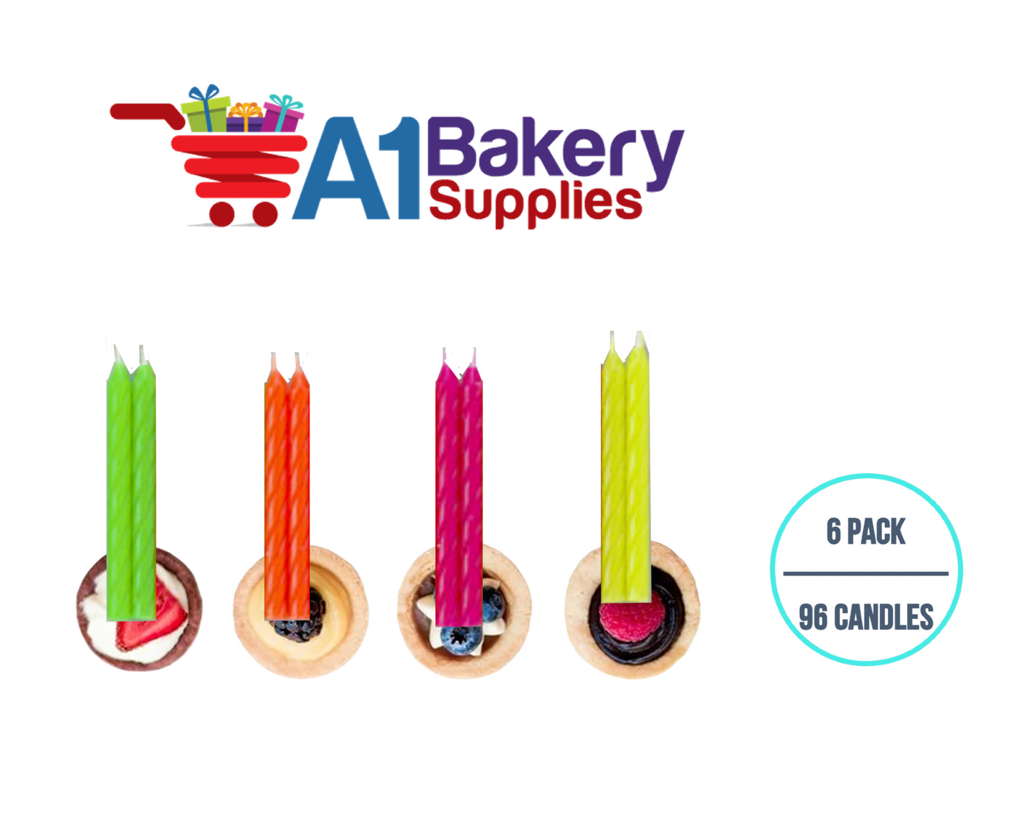 A1BakerySupplies Neon Candles 6 pack for Birthday Cake Decorations and Anniversary