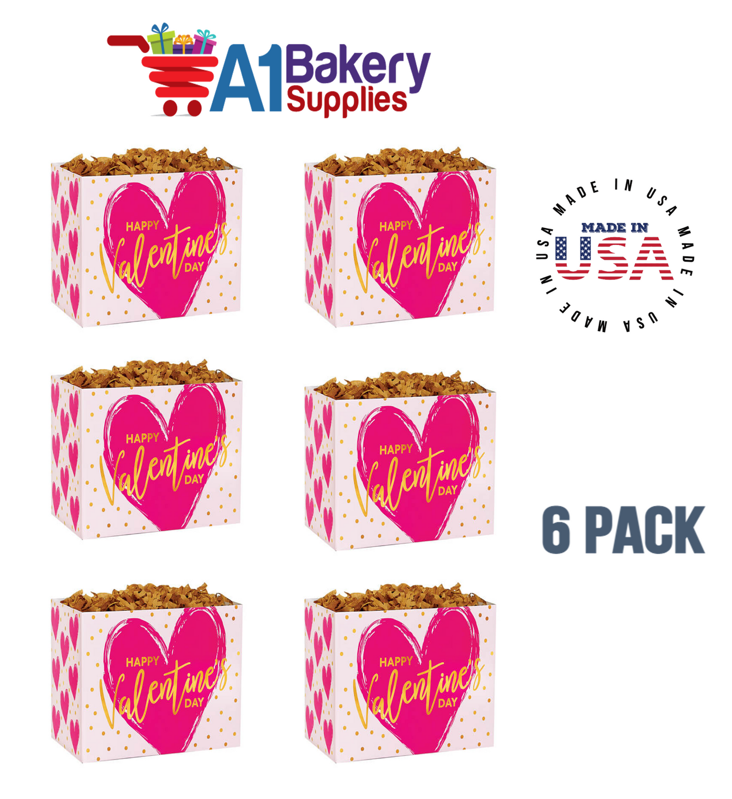 Painted Heart Basket Box, Theme Gift Box, Large 10.25 (Length) x 6 (Width) x 7.5 (Height), 6 Pack