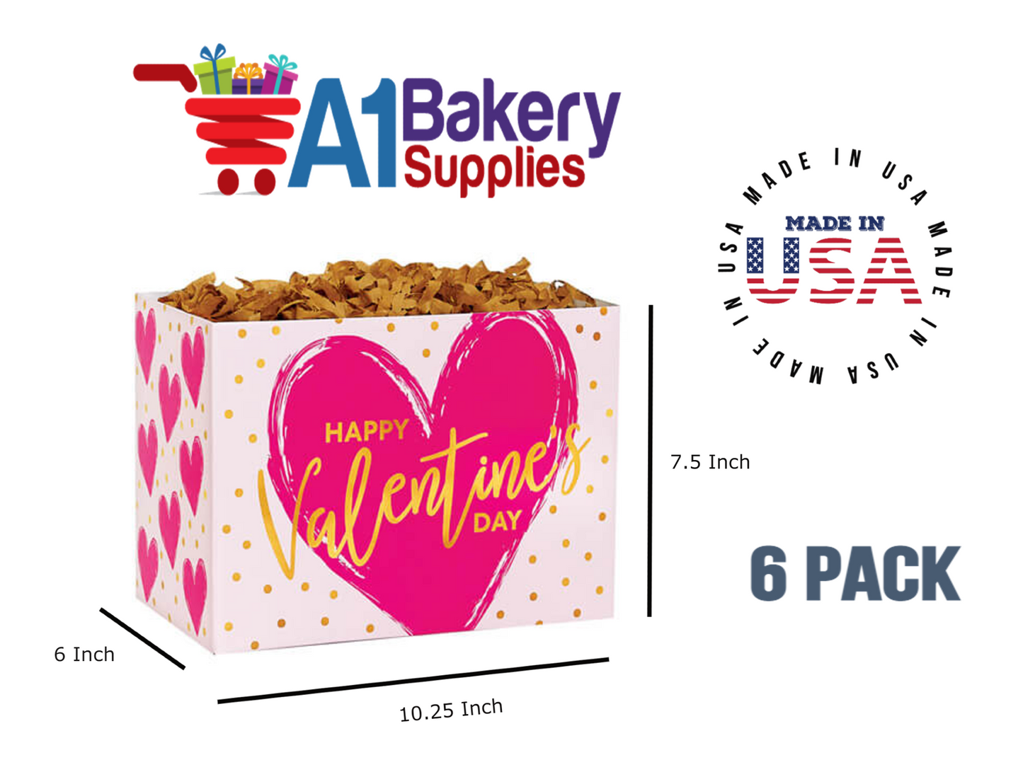 Painted Heart Basket Box, Theme Gift Box, Large 10.25 (Length) x 6 (Width) x 7.5 (Height), 6 Pack