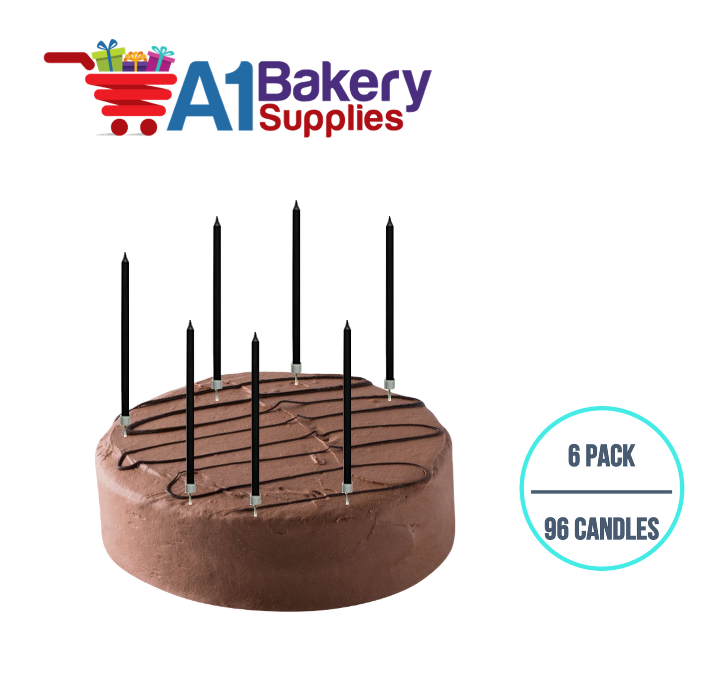 A1BakerySupplies Party Shape Candles- Black W/Holders 6 pack for Birthday Cake Decorations and Anniversary
