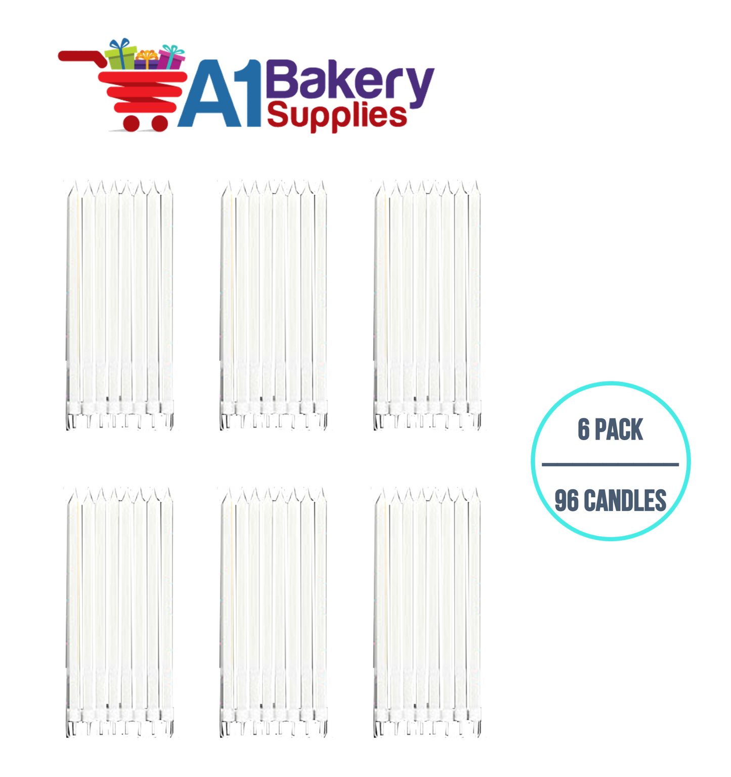 A1BakerySupplies Party Shape Candles- White W/Holders 6 pack for Birthday Cake Decorations and Anniversary