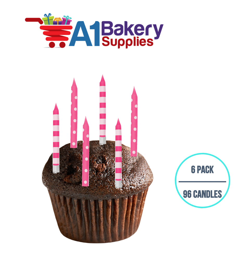 A1BakerySupplies Pink Stripes And Dots Candles 6 pack for Birthday Cake Decorations and Anniversary
