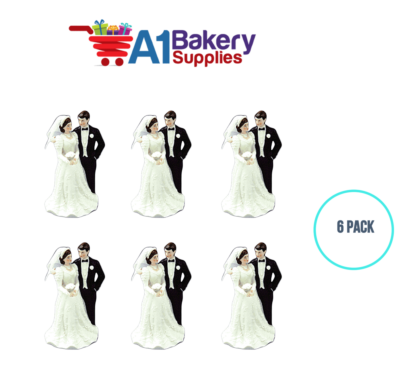 A1BakerySupplies Side By Side Couple - 5-3/4" 6 pack Wedding Accessories for Birthday Cake Decorations and Marriages
