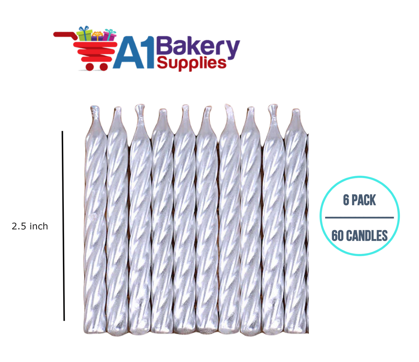 A1BakerySupplies Silver Birthday Candles 6 pack for Birthday Cake Decorations and Anniversary