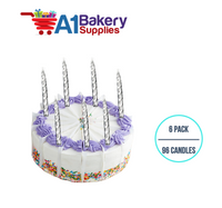A1BakerySupplies Silver Spiral Candles 6 pack for Birthday Cake Decorations and Anniversary