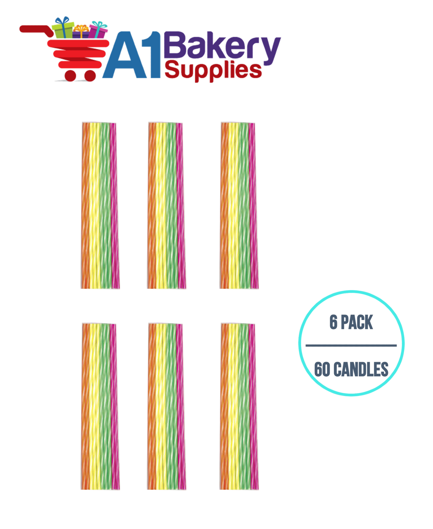 A1BakerySupplies Slim Candles - Neon Striped 6 pack for Birthday Cake Decorations and Anniversary