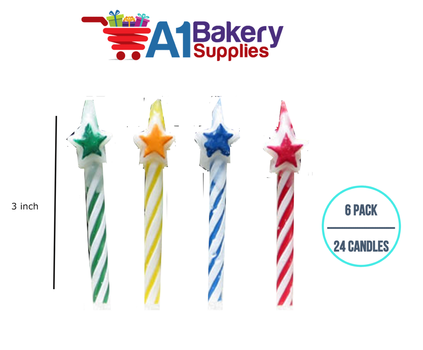 A1BakerySupplies Star Top Striped Birthday Candles 6 pack for Birthday Cake Decorations and Anniversary