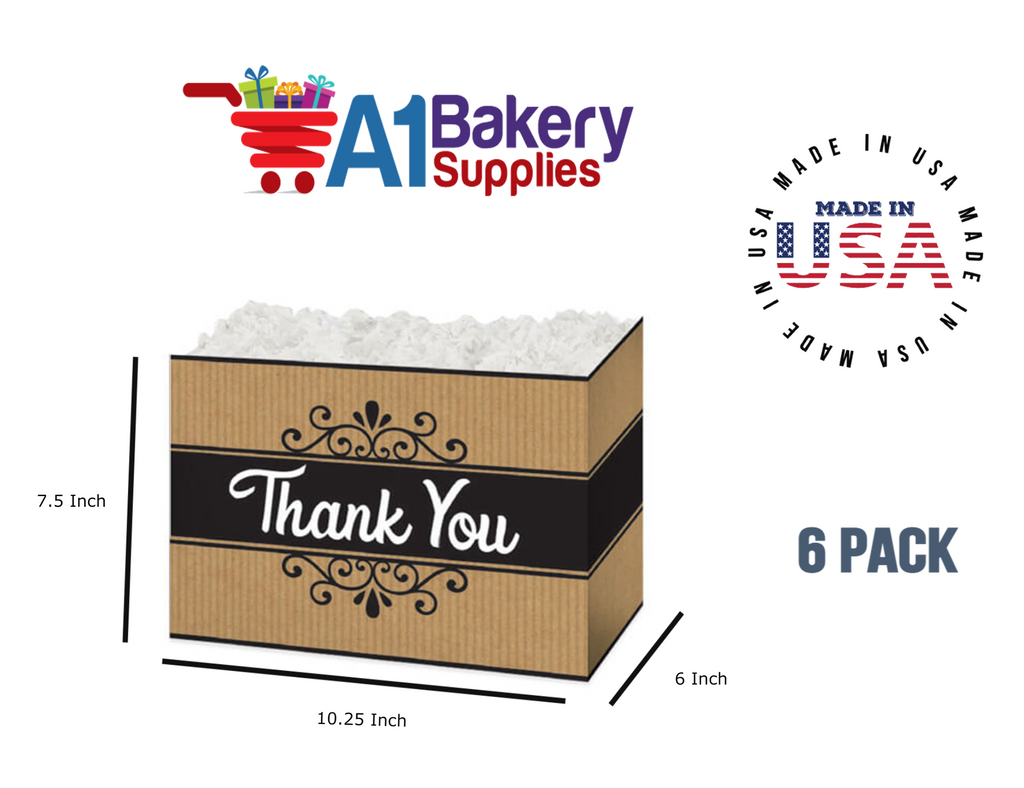 Thank You Kraft Stripes Basket Box, Theme Gift Box, Large 10.25 (Length) x 6 (Width) x 7.5 (Height), 6 Pack
