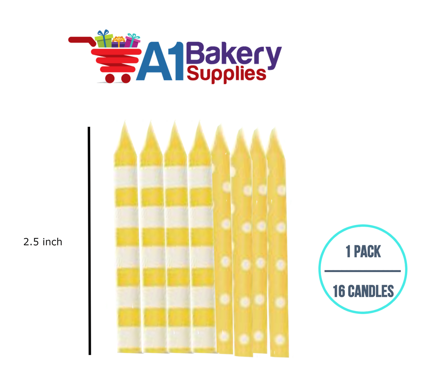 A1BakerySupplies Yellow Stripes And Dots Candles 1 pack for Birthday Cake Decorations and Anniversary