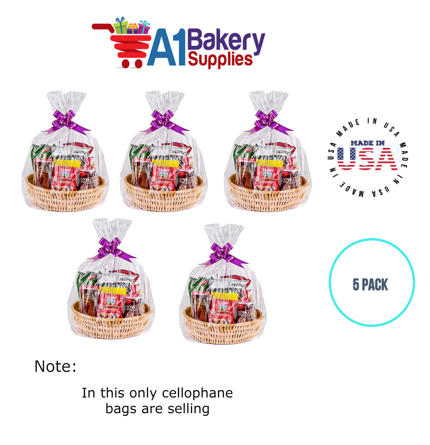 Round Bottom Basket Size 1.2 MIL BOPP Sealable Cellophane Gift Bags Bags for Gift Packing 20 x 36 Inch, 5 Pack