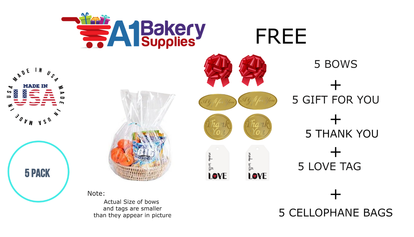 BOPP Sealable Cellophane Bags and Clear Gift Basket Wrap Packaging, 18 in x 30 in, Clear Cello Wrapping for Baby Shower, Wedding Party, or Event Giveaways, 5 Pack