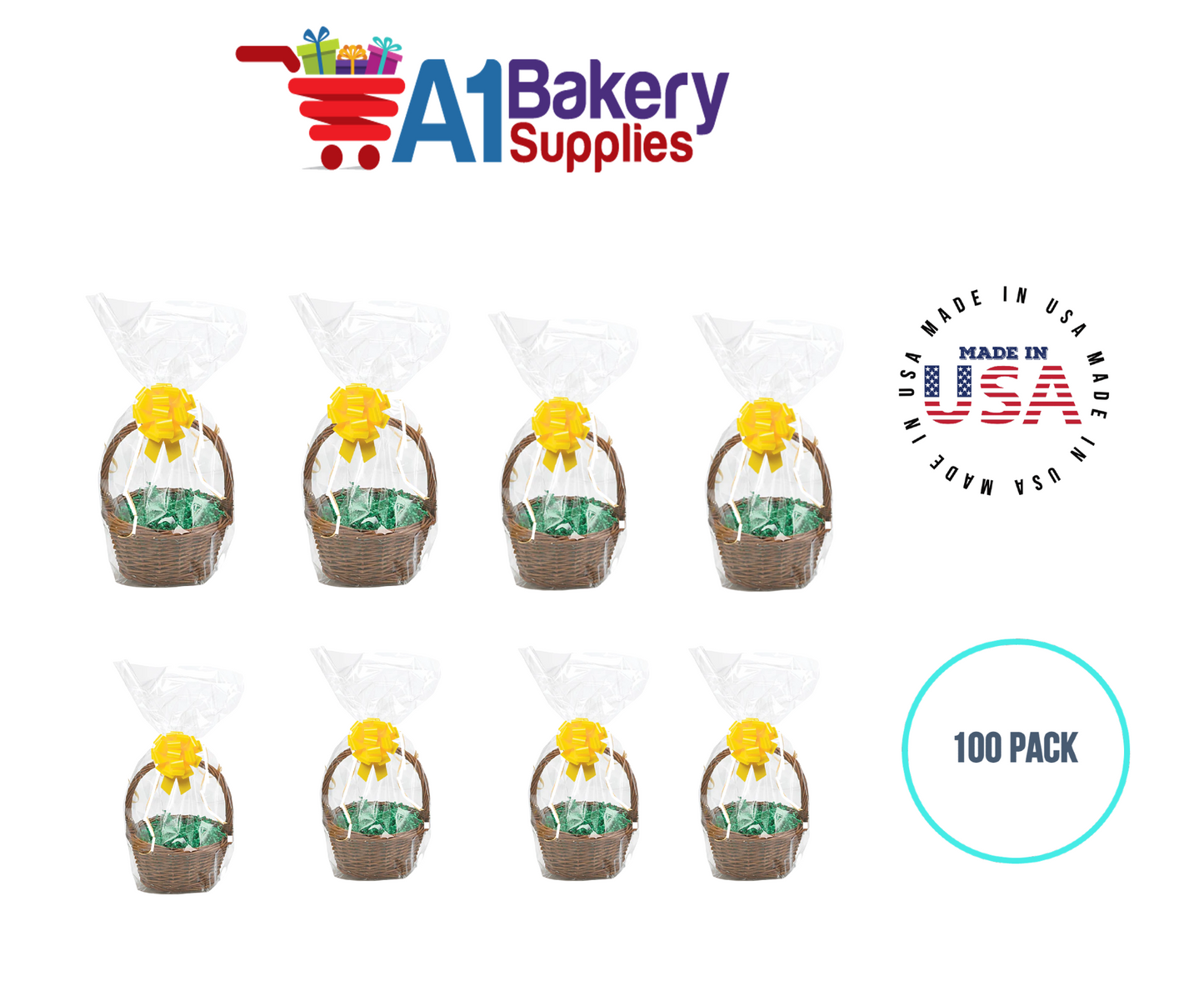 BOPP Sealable Cellophane Bags and Clear Gift Basket Wrap Packaging, 12 in x 24 in, Clear Cello Wrapping for Baby Shower, Wedding Party, or Event Giveaways, 100 Pack