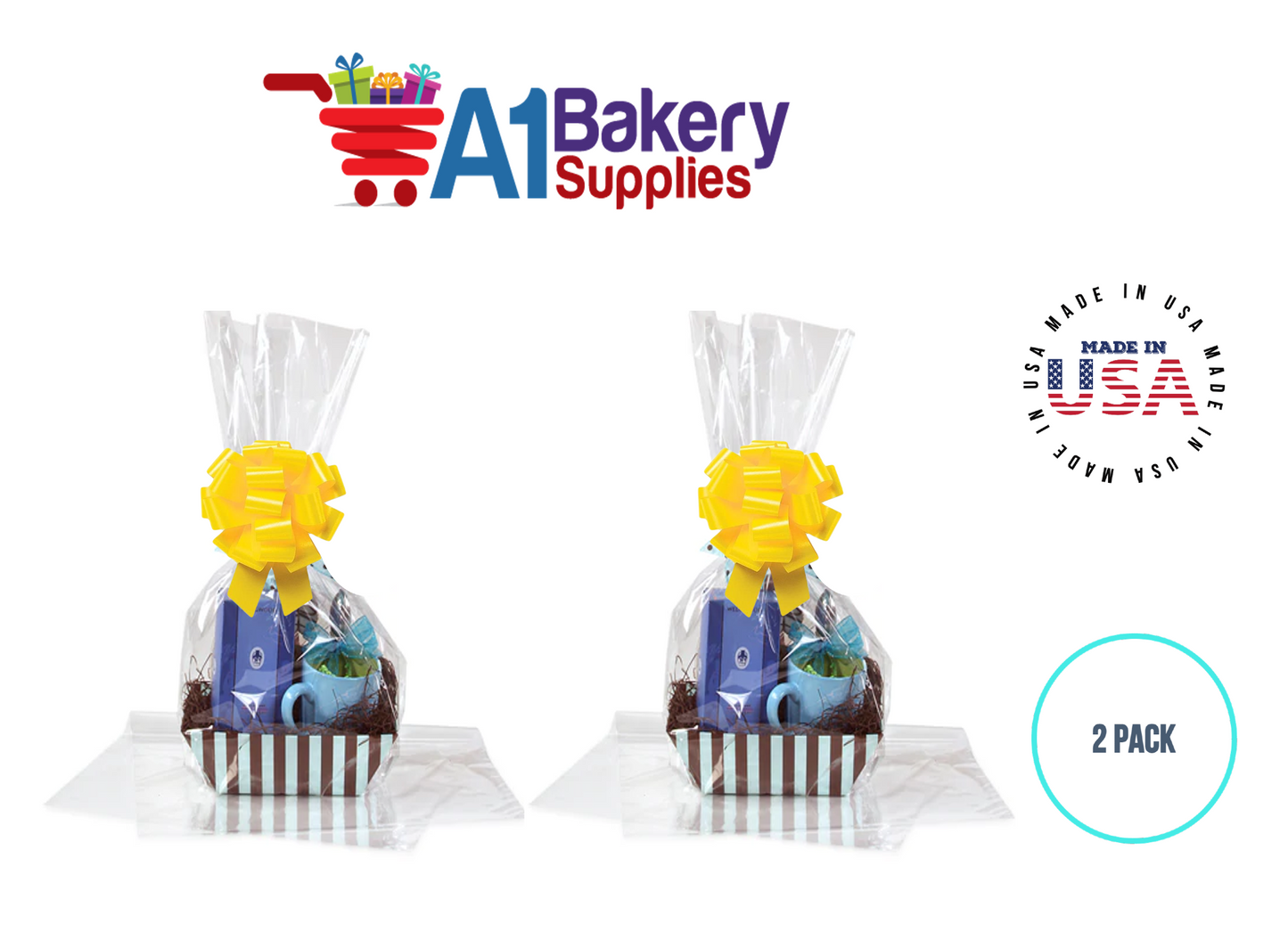 BOPP Sealable Cellophane Bags and Clear Gift Basket Wrap Packaging, 16 in x 24 in, Clear Cello Wrapping for Baby Shower, Wedding Party, or Event Giveaways, 2 Pack