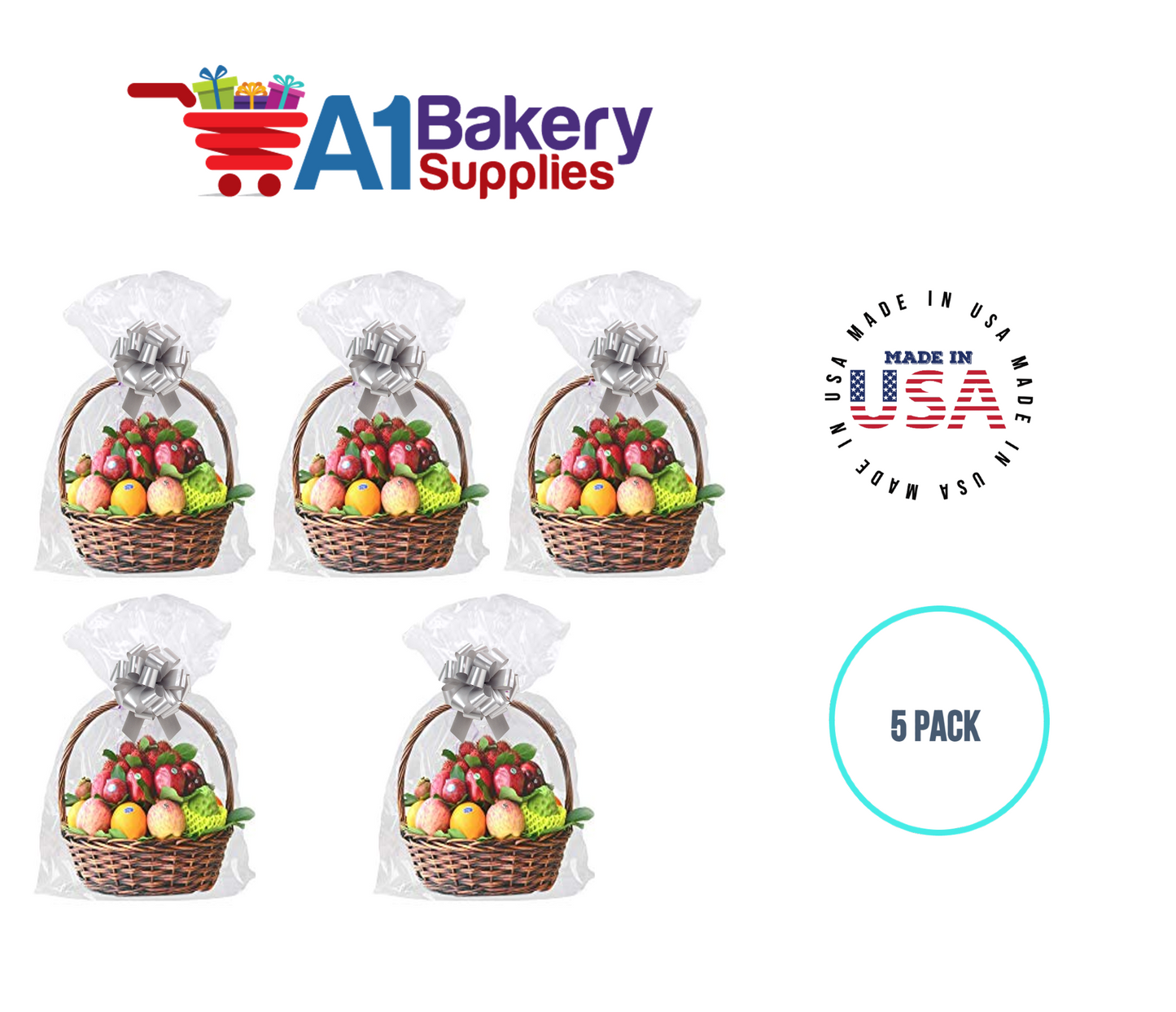 BOPP Sealable Cellophane Bags and Clear Gift Basket Wrap Packaging, 20 in x 30 in, Clear Cello Wrapping for Baby Shower, Wedding Party, or Event Giveaways, 5 Pack