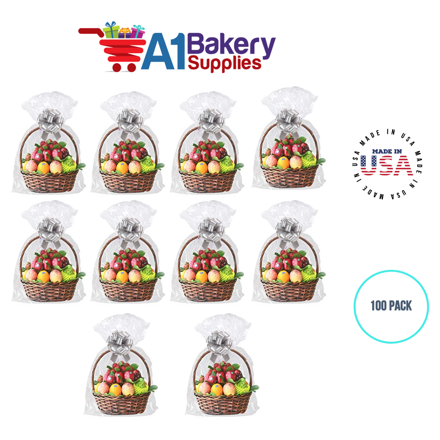 BOPP Sealable Cellophane Bags and Clear Gift Basket Wrap Packaging, 20 in x 30 in, Clear Cello Wrapping for Baby Shower, Wedding Party, or Event Giveaways, 100 Pack