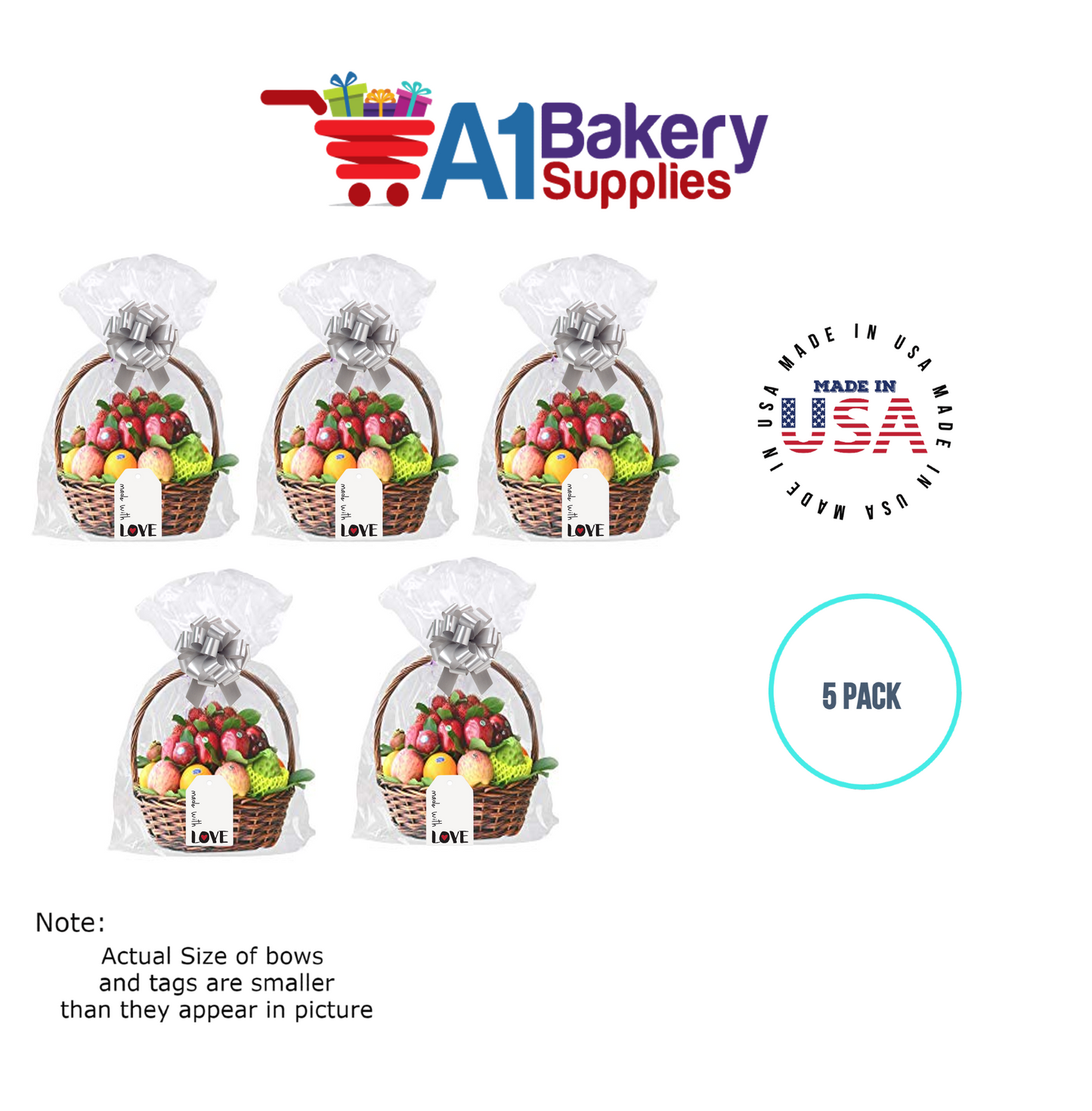 BOPP Sealable Cellophane Bags and Clear Gift Basket Wrap Packaging, 20 in x 30 in, Clear Cello Wrapping for Baby Shower, Wedding Party, or Event Giveaways, 5 Pack