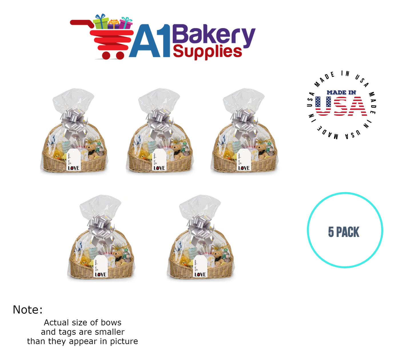 BOPP Sealable Cellophane Bags and Clear Gift Basket Wrap Packaging, 24 in x 30 in, Clear Cello Wrapping for Baby Shower, Wedding Party, or Event Giveaways, 5 Pack