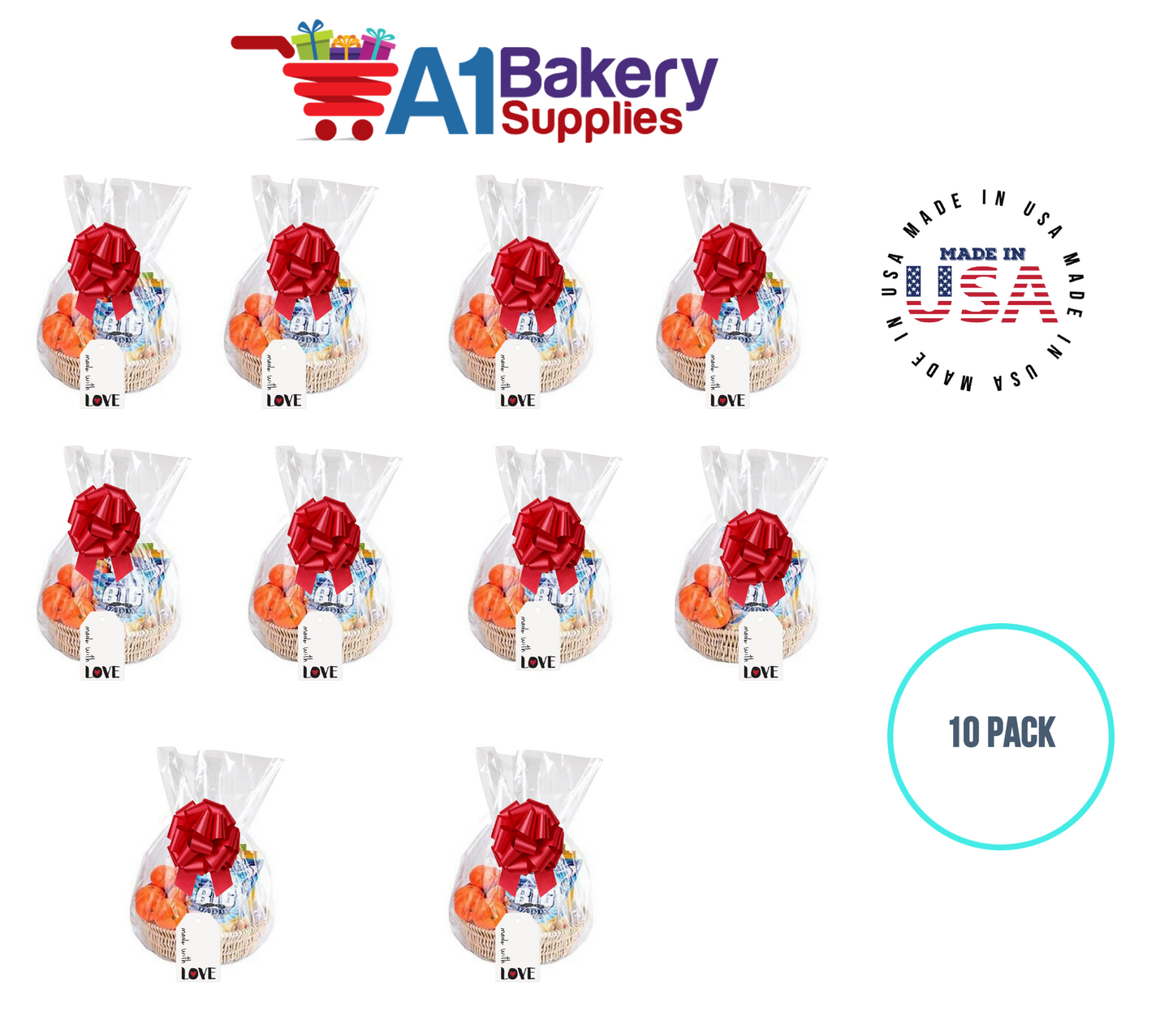 BOPP Sealable Cellophane Bags and Clear Gift Basket Wrap Packaging, 18 in x 30 in, Clear Cello Wrapping for Baby Shower, Wedding Party, or Event Giveaways, 10 Pack