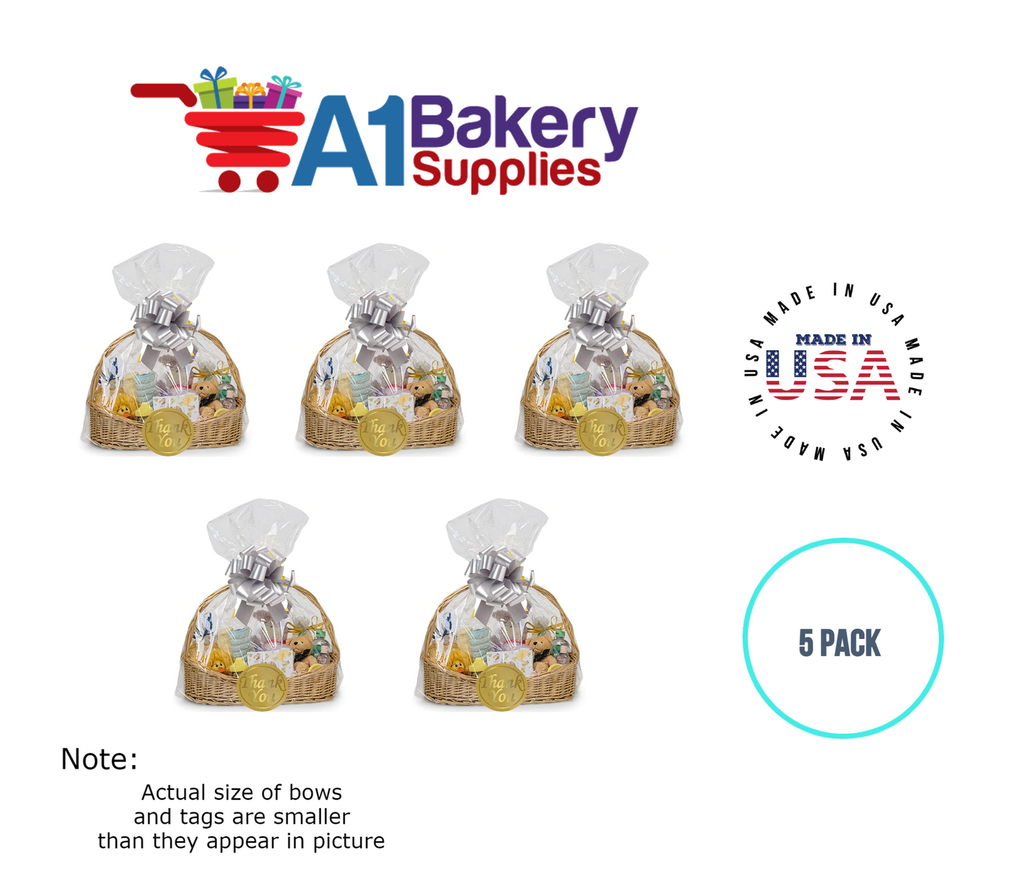 BOPP Sealable Cellophane Bags and Clear Gift Basket Wrap Packaging, 24 in x 30 in, Clear Cello Wrapping for Baby Shower, Wedding Party, or Event Giveaways, 5 Pack