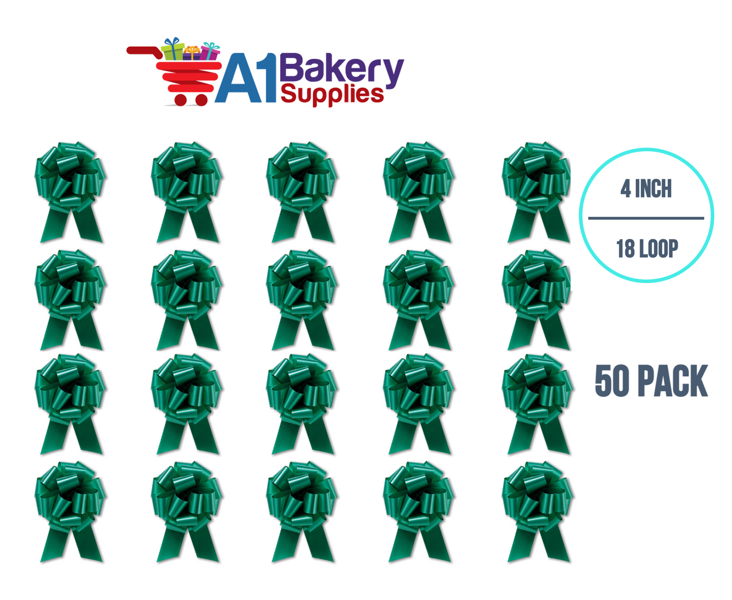 A1BakerySupplies 50 Pieces Pull Bow for Gift Wrapping Gift Bows Pull Bow With Ribbon for Wedding Gift Baskets, 4 Inch 18 Loop Emerald Green Flora Satin Color