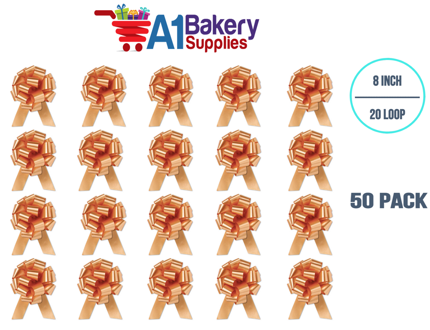 A1BakerySupplies 50 Pieces Pull Bow for Gift Wrapping Gift Bows Pull Bow With Ribbon for Wedding Gift Baskets, 8 Inch 20 Loop Gold Flora Satin Color