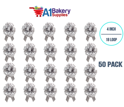 A1BakerySupplies 50 Pieces Pull Bow for Gift Wrapping Gift Bows Pull Bow With Ribbon for Wedding Gift Baskets, 4 Inch 18 Loop Silver Flora Satin Color