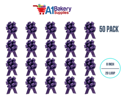 A1BakerySupplies 50 Pieces Pull Bow for Gift Wrapping Gift Bows Pull Bow With Ribbon for Wedding Gift Baskets, 8 Inch 20 Loop Purple Flora Satin Color