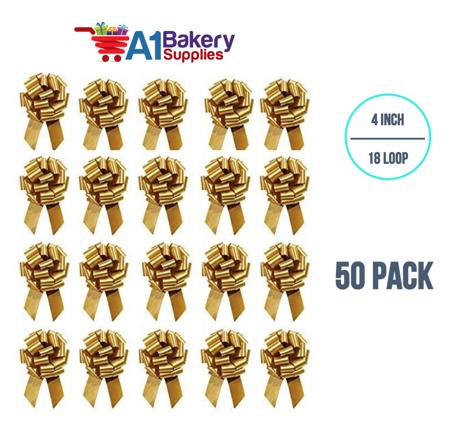 A1BakerySupplies 50 Pieces Pull Bow for Gift Wrapping Gift Bows Pull Bow With Ribbon for Wedding Gift Baskets, 4 Inch 18 Loop Antique Gold Flora Satin Color