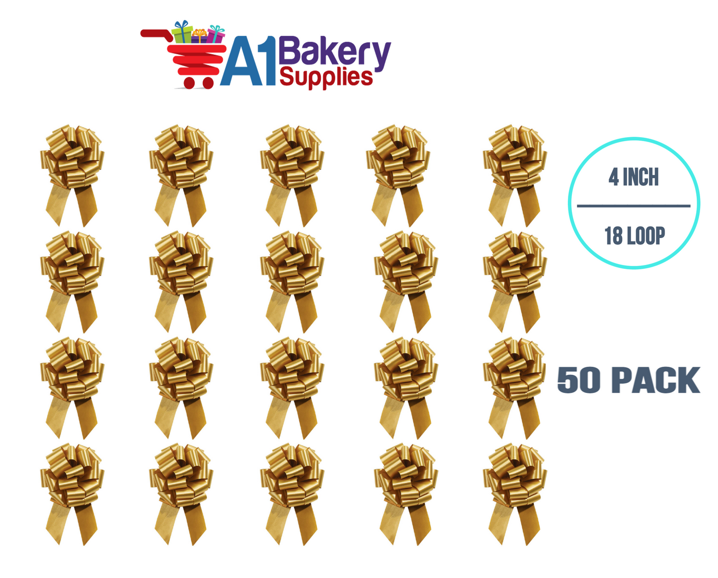 A1BakerySupplies 50 Pieces Pull Bow for Gift Wrapping Gift Bows Pull Bow With Ribbon for Wedding Gift Baskets, 4 Inch 18 Loop Holiday Gold Flora Satin Color