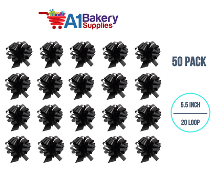 A1BakerySupplies 50 Pieces Pull Bow for Gift Wrapping Gift Bows Pull Bow With Ribbon for Wedding Gift Baskets, 5.5 Inch 20 Loop in Black Color