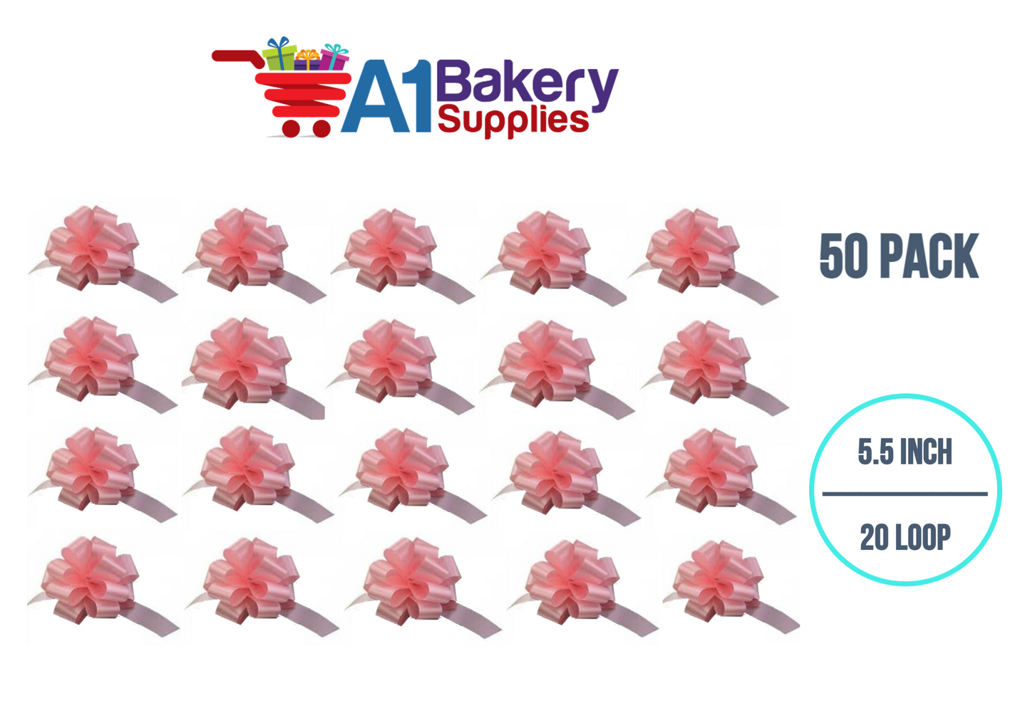 A1BakerySupplies 50 Pieces Pull Bow for Gift Wrapping Gift Bows Pull Bow With Ribbon for Wedding Gift Baskets, 5.5 Inch 20 Loop in Pink Color