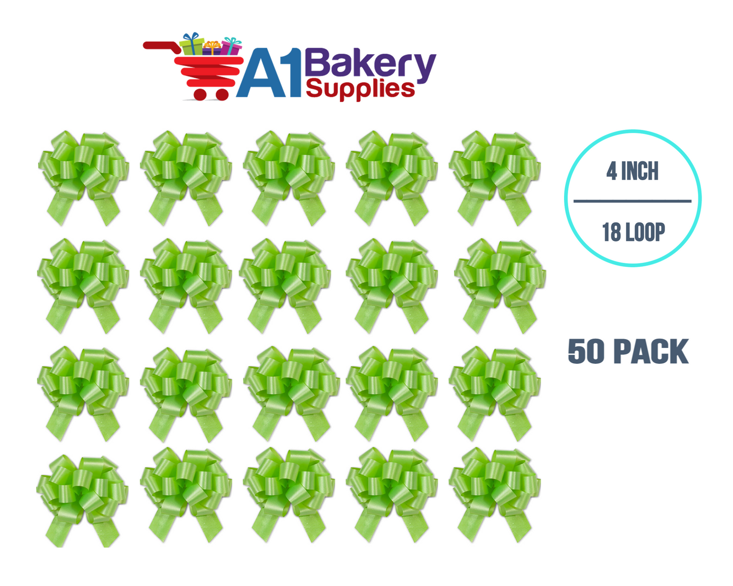 A1BakerySupplies 50 Pieces Pull Bow for Gift Wrapping Gift Bows Pull Bow With Ribbon for Wedding Gift Baskets, 4 Inch 18 Loop Citrus Green Flora Satin Color