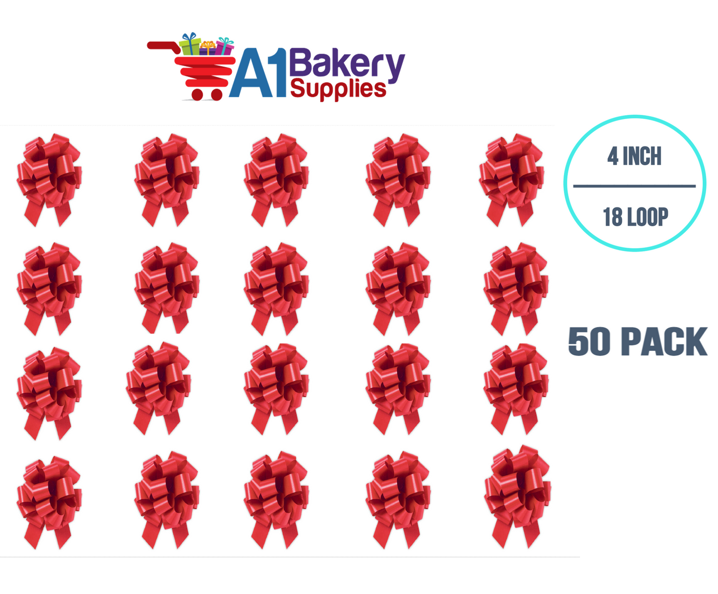 A1BakerySupplies 50 Pieces Pull Bow for Gift Wrapping Gift Bows Pull Bow With Ribbon for Wedding Gift Baskets, 4 Inch 18 Loop in Hot Red Flora Satin Color