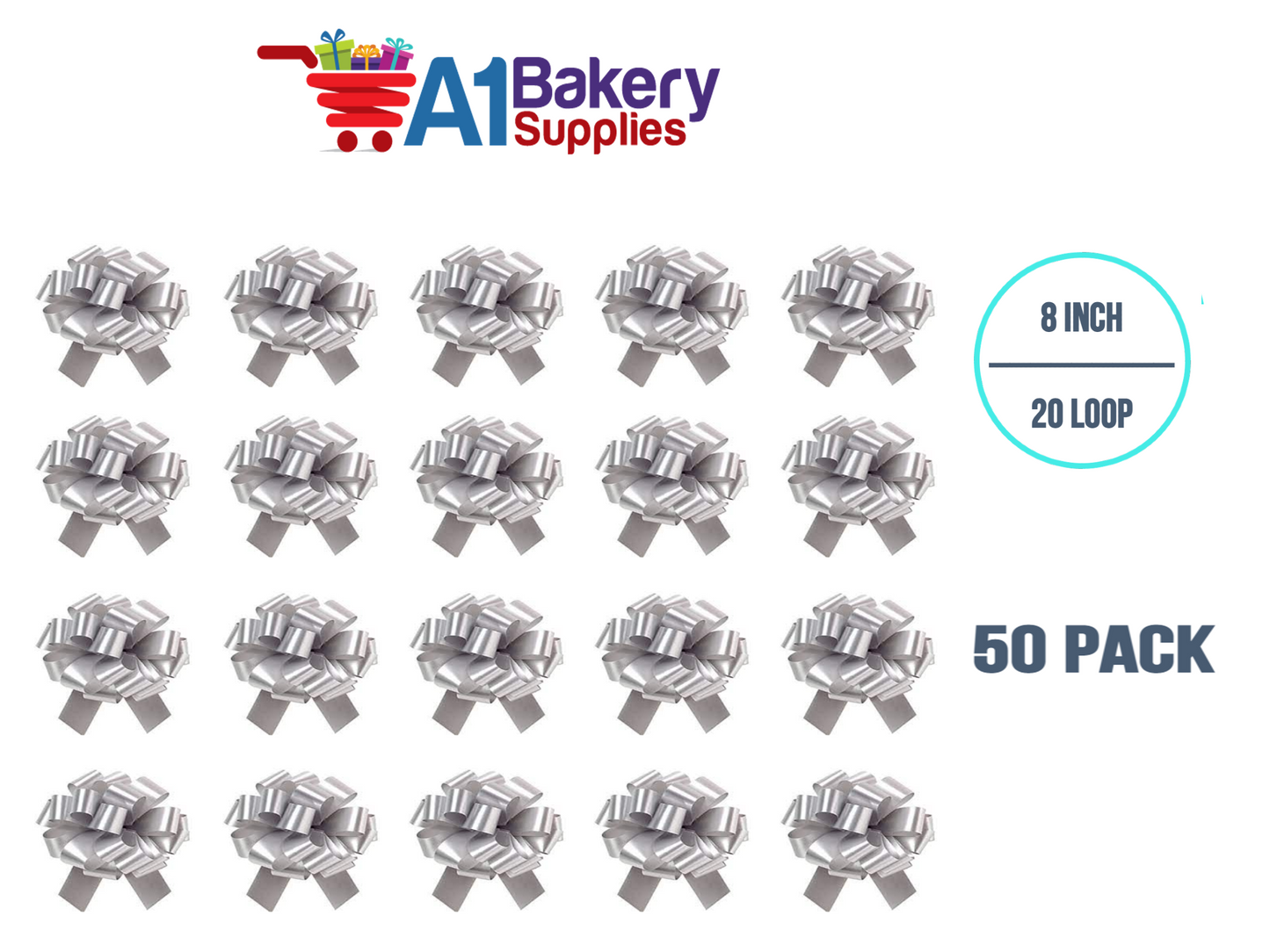 A1BakerySupplies 50 Pieces Pull Bow for Gift Wrapping Gift Bows Pull Bow With Ribbon for Wedding Gift Baskets, 8 Inch 20 Loop Silver Flora Satin Color