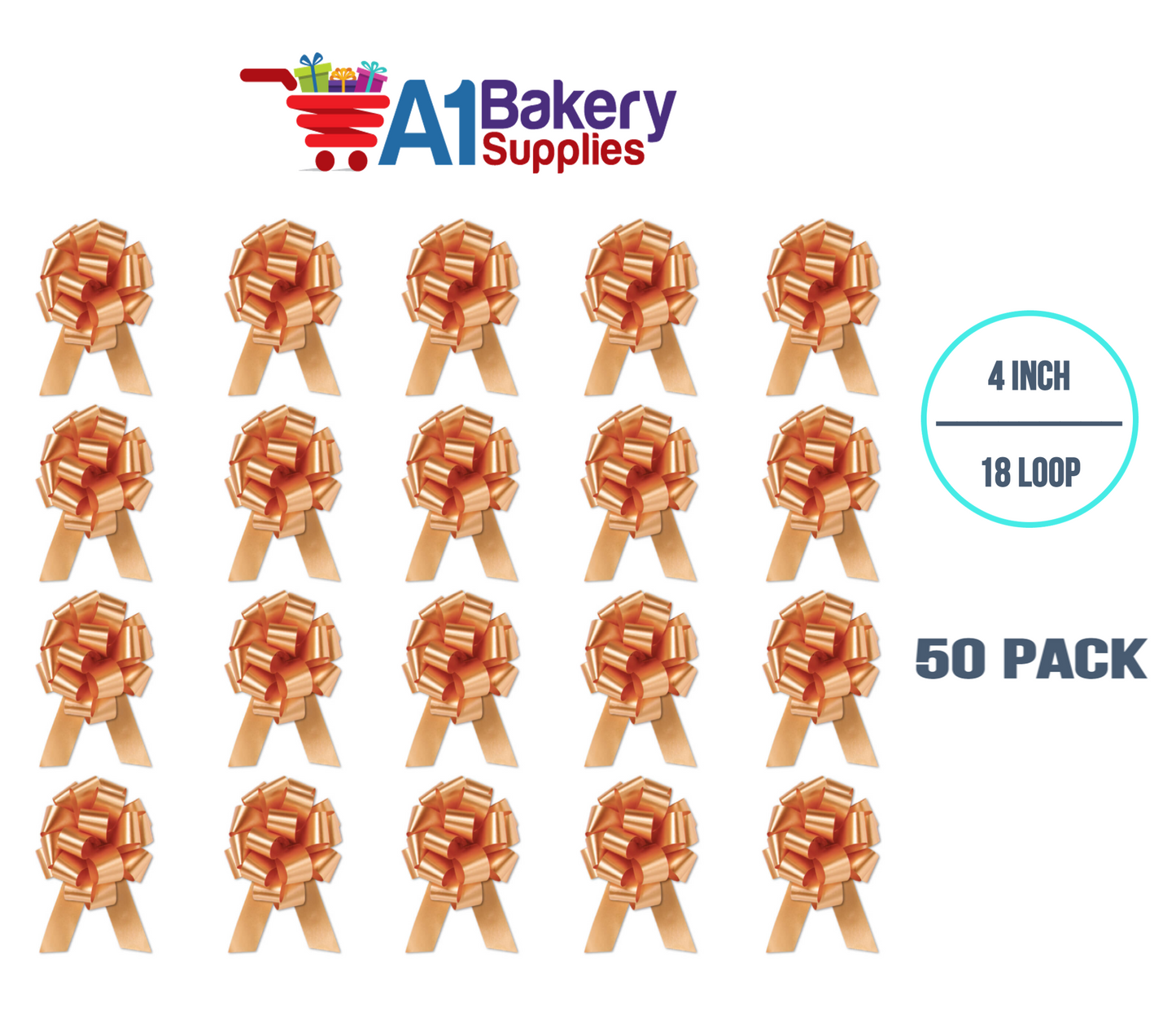 A1BakerySupplies 50 Pieces Pull Bow for Gift Wrapping Gift Bows Pull Bow With Ribbon for Wedding Gift Baskets, 4 Inch 18 Loop Gold Flora Satin Color