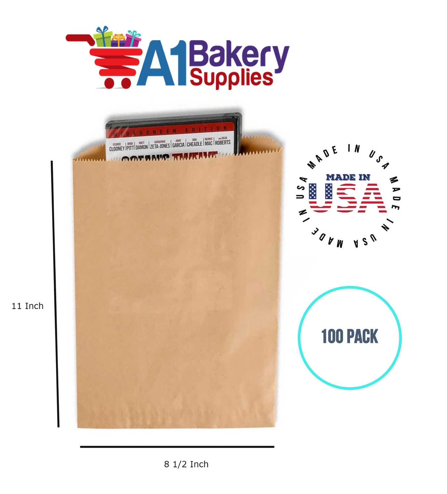 Kraft Flat Merchandise Bags, Small, 100 Pack - 8.5"x11"