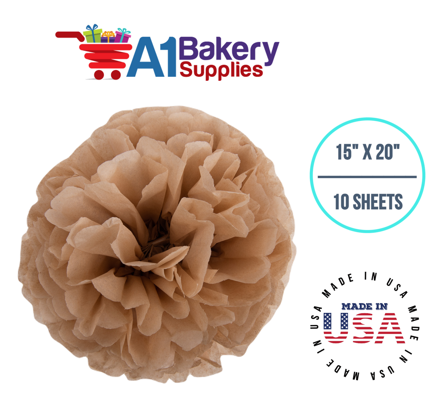 Desert Tan  Tissue Paper Squares, Bulk 10 Sheets, Premium Gift Wrap and Art Supplies for Birthdays, Holidays, or Presents by A1BakerySupplies, Small 15 Inch x 20 Inch