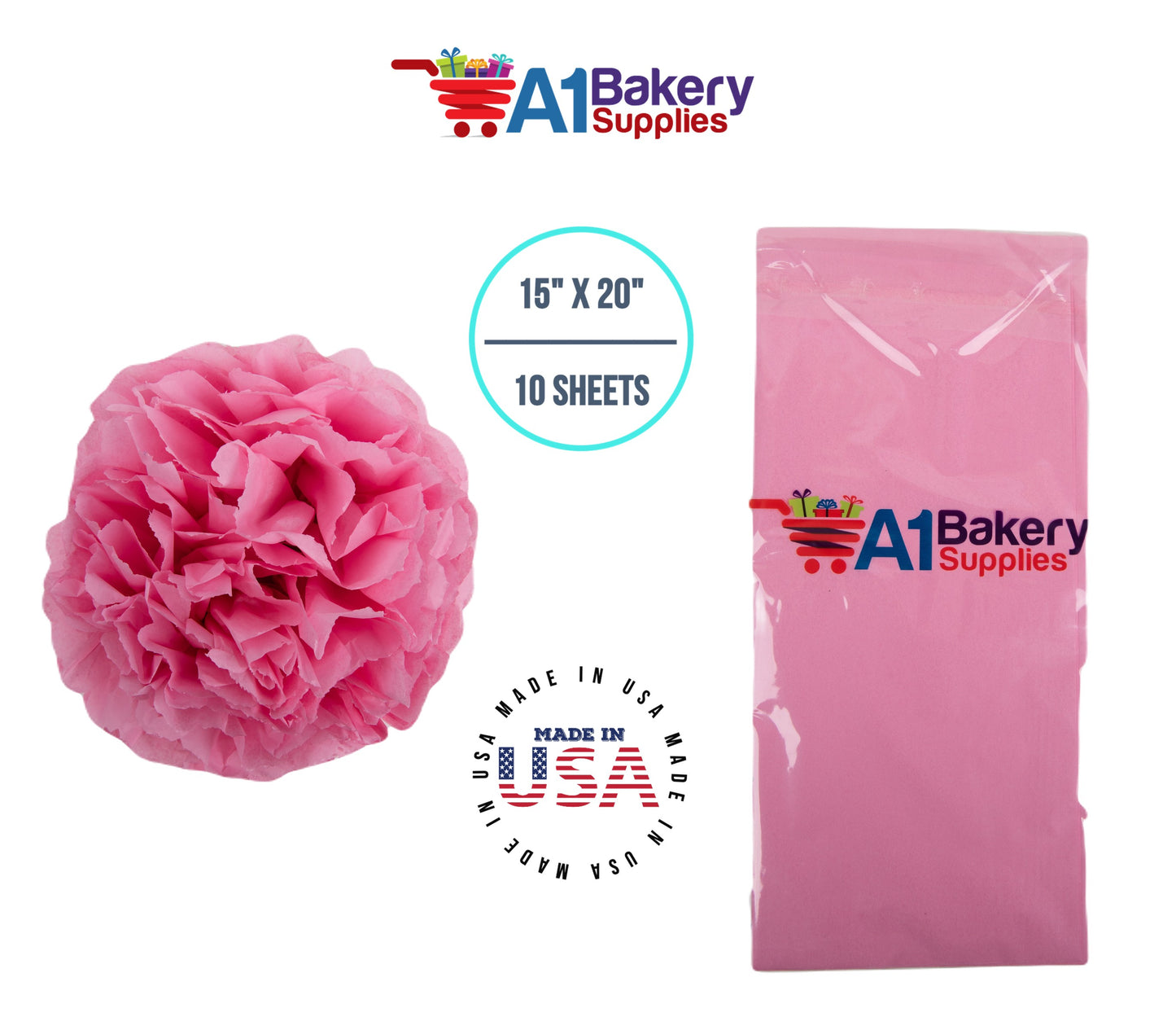 Pink Tissue Paper Squares, Bulk 10 Sheets, Premium Gift Wrap and Art Supplies for Birthdays, Holidays, or Presents by A1BakerySupplies, Small 15 Inch x 20 Inch