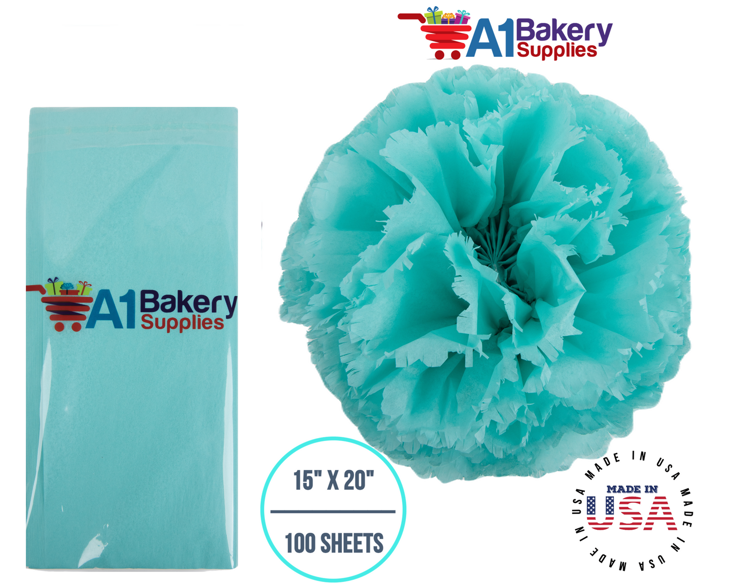 Aqua Blue Color Tissue Paper 15 Inch x 20 Inch - 100 Sheets