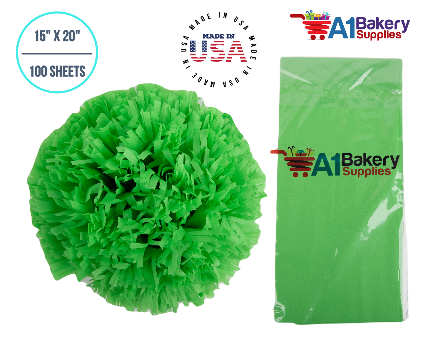 Groovy Green  Tissue Paper Squares, Bulk 100 Sheets, Premium Gift Wrap and Art Supplies for Birthdays, Holidays, or Presents by A1BakerySupplies, Medium 15 Inch x 20 Inch