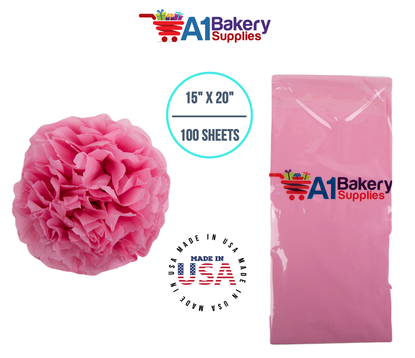 Pink Tissue Paper Squares, Bulk 100 Sheets, Premium Gift Wrap and Art Supplies for Birthdays, Holidays, or Presents by A1BakerySupplies, Medium 15 Inch x 20 Inch