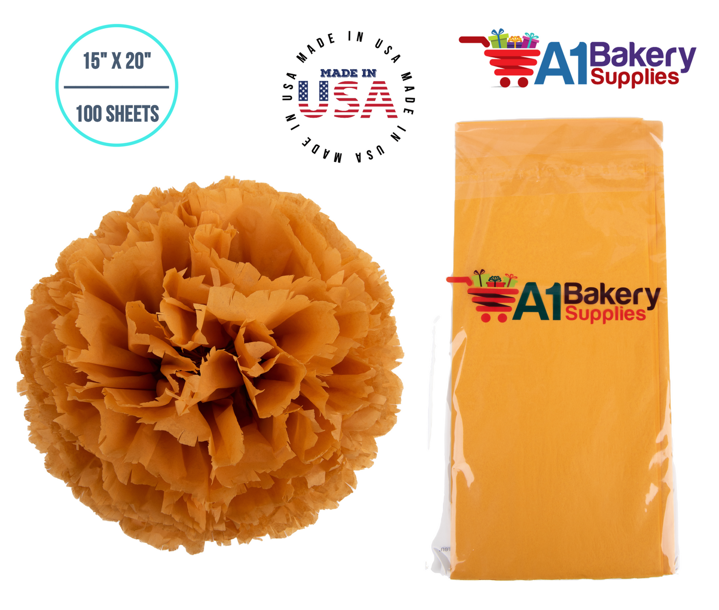 Goldenrod Tissue Paper Squares, Bulk 100 Sheets, Premium Gift Wrap and Art Supplies for Birthdays, Holidays, or Presents by A1BakerySupplies, Medium 15 Inch x 20 Inch