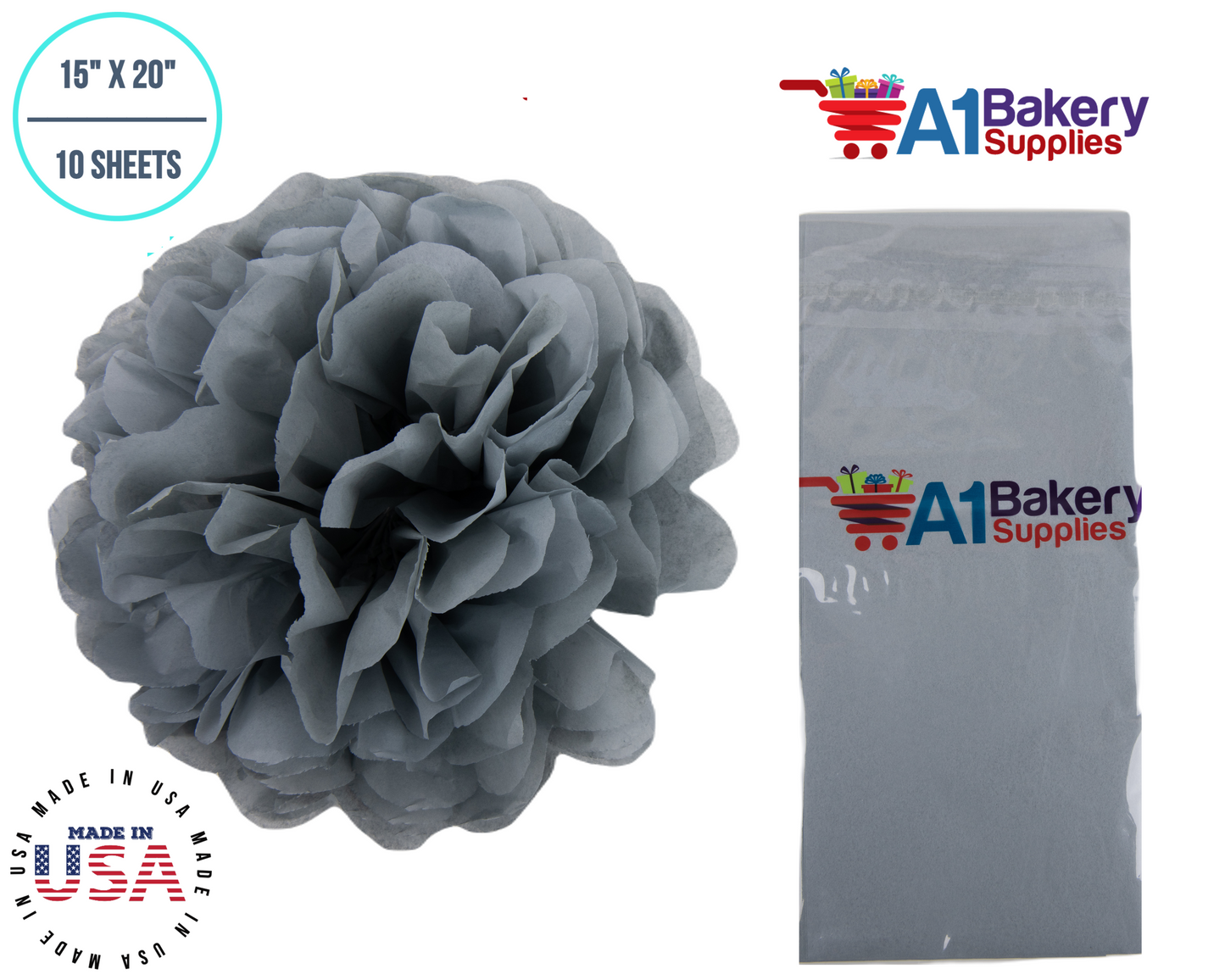 Gray Tissue Paper Squares, Bulk 10 Sheets, Premium Gift Wrap and Art Supplies for Birthdays, Holidays, or Presents by A1BakerySupplies, Small 15 Inch x 20 Inch