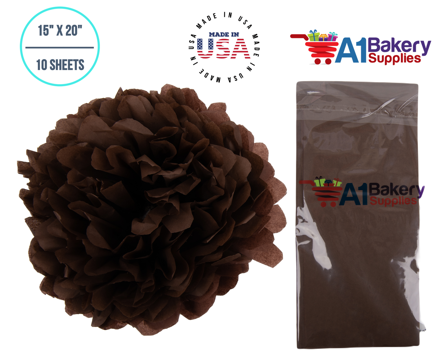 Chocolate Tissue Paper Squares, Bulk 10 Sheets, Premium Gift Wrap and Art Supplies for Birthdays, Holidays, or Presents by A1BakerySupplies, Small 15 Inch x 20 Inch