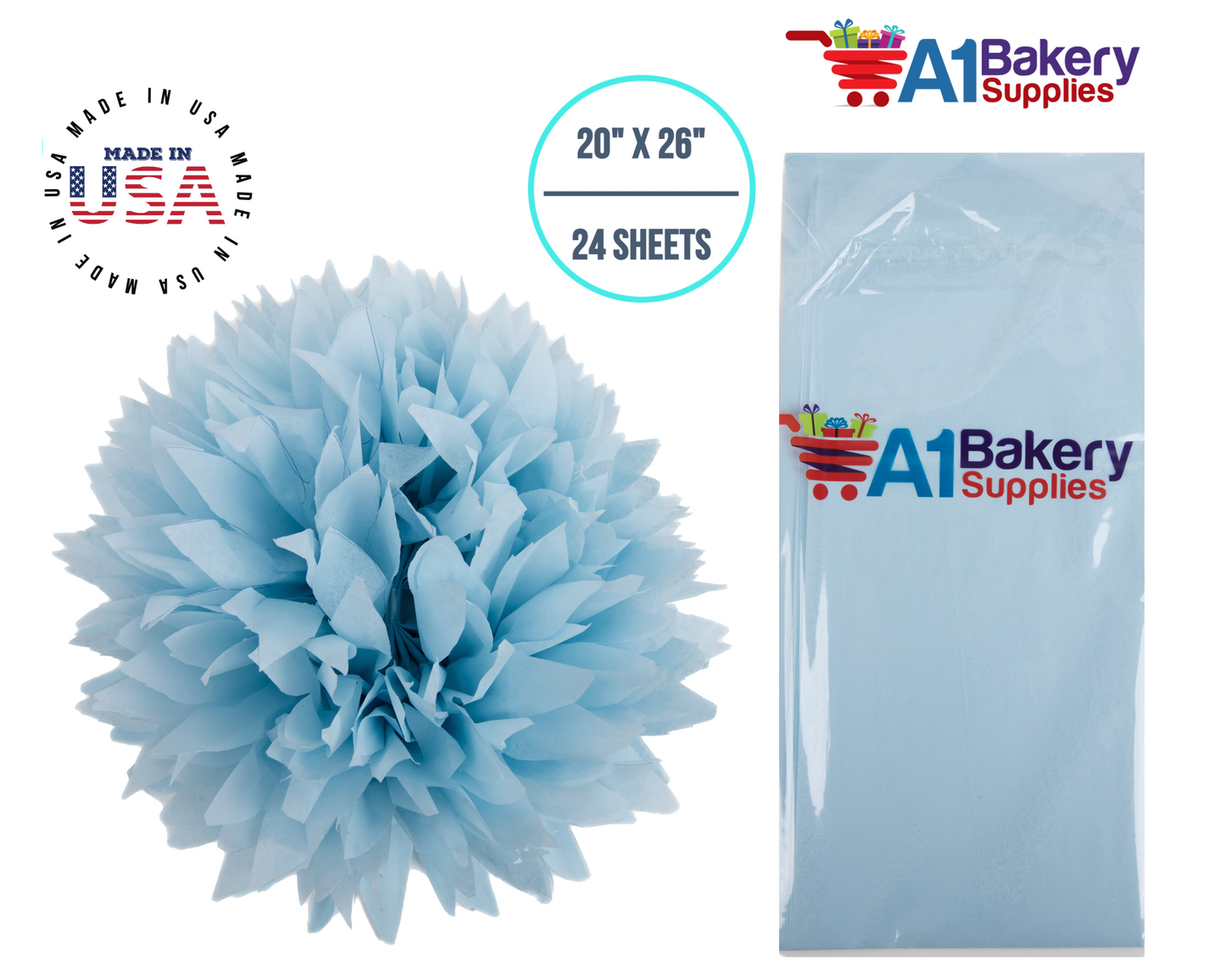 Light Blue Tissue Paper Squares, Bulk 24 Sheets, Premium Gift Wrap and Art Supplies for Birthdays, Holidays, or Presents by A1BakerySupplies, Small 20 Inch x 26 Inch