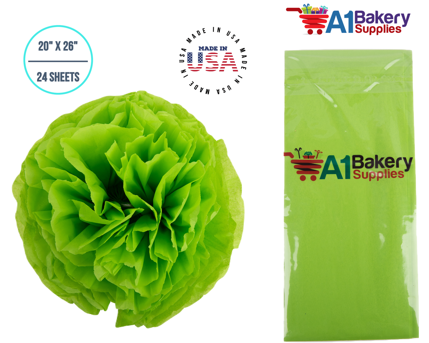 Bright Lime Tissue Paper Squares, Bulk 24 Sheets, Premium Gift Wrap and Art Supplies for Birthdays, Holidays, or Presents by A1BakerySupplies, Small 20 Inch x 26 Inch