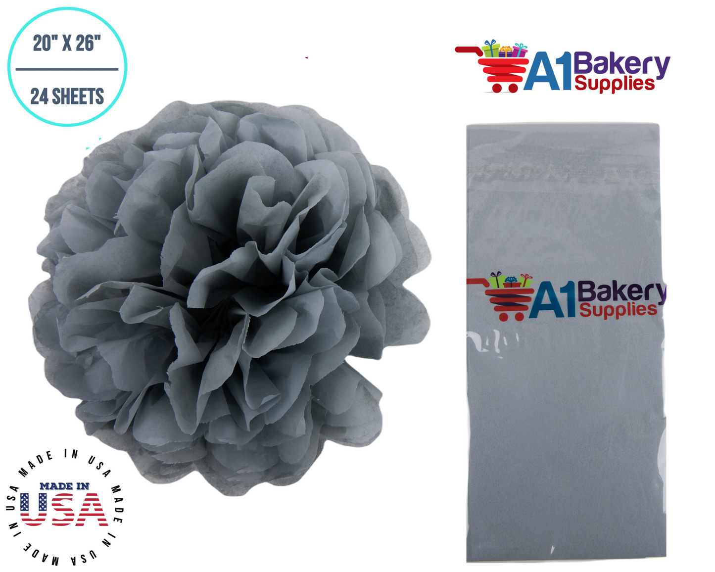 Gray Tissue Paper Squares, Bulk 24 Sheets, Premium Gift Wrap and Art Supplies for Birthdays, Holidays, or Presents by A1BakerySupplies, Small 20 Inch x 26 Inch